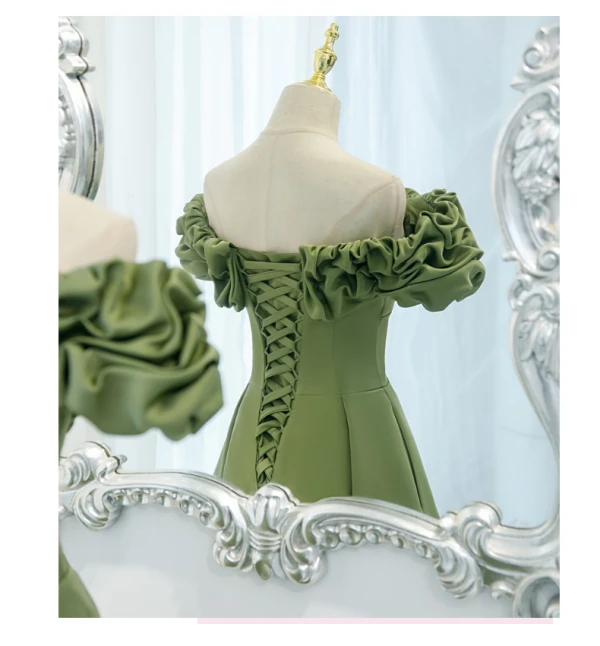Vintage / Retro Solid Color Satin Green Ruffle Prom Dresses 2021 A-Line / Princess Off-The-Shoulder Crossed Straps Floor-Length / Long Formal Dresses