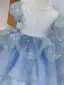 Fashion Sky Blue Star Sequins Cascading Ruffles Birthday Flower Girl Dresses 2022 Ball Gown Scoop Neck Puffy Short Sleeve Floor-Length / Long Flower Girl Dresses