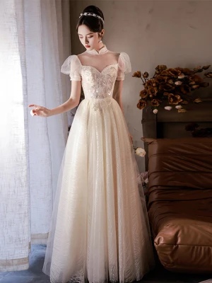 Élégant Champagne Perlage Paillettes En Dentelle Fleur Robe De Bal 2022 Princesse Col Haut Gonflée Manches Courtes Dos Nu Longue Robe De Ceremonie