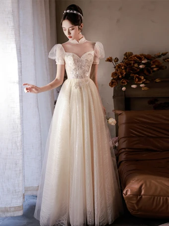 Élégant Champagne Perlage Paillettes En Dentelle Fleur Robe De Bal 2022 Princesse Col Haut Gonflée Manches Courtes Dos Nu Longue Robe De Ceremonie
