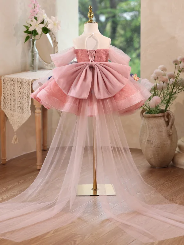 Flower Fairy Candy Pink Pearl Appliques Short Birthday Flower Girl Dresses 2025 Ball Gown Off-The-Shoulder Short Sleeve Backless Bow Tulle
