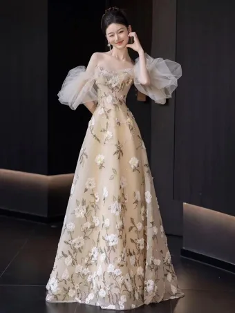Glamorous Champagne Glitter Sequins Printing Prom Dresses 2025 A Line Princess Off The Shoulder Short Sleeve Backless Floor Length Long Prom Formal Dresses