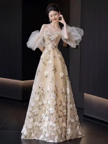 Glamour Champagne Glitter Paillettes Impression Robe De Bal 2025 Princesse De L Épaule Manches Courtes Dos Nu Longue Promo Robe De Ceremonie