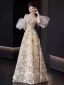 Glamorous Champagne Glitter Sequins Printing Prom Dresses 2025 A-Line / Princess Off-The-Shoulder Short Sleeve Backless Floor-Length / Long Prom Formal Dresses