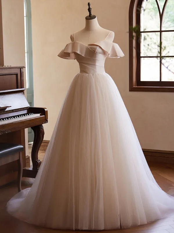 Modest / Simple Champagne Prom Dresses 2024 Ball Gown Spaghetti Straps Sleeveless Backless Floor-Length / Long Prom Formal Dresses