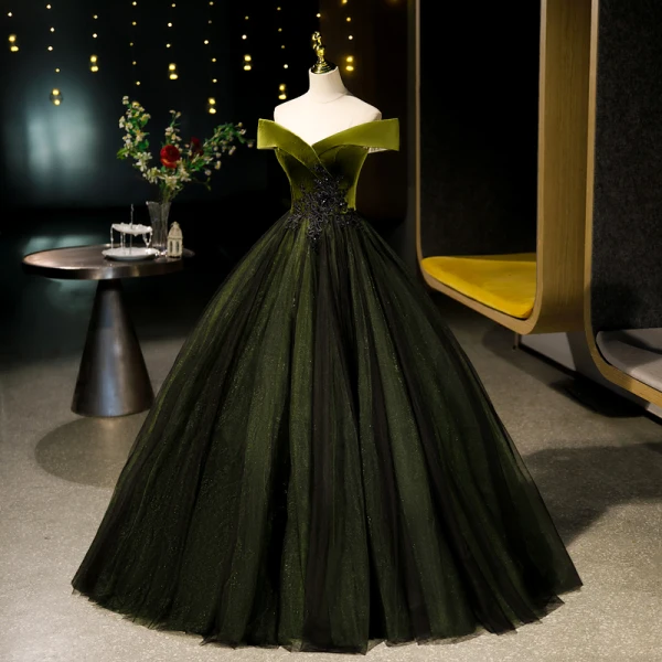 Elegant Dark Green Rhinestone Lace Flower Velvet Prom Dresses 2023 A-Line / Princess Off-The-Shoulder Sleeveless Backless Floor-Length / Long Prom Formal Dresses