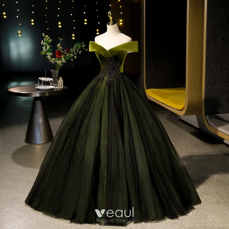 Elegant Dark Green Rhinestone Lace Flower Velvet Prom Dresses 2023 A Line  Princess Off The Shoulder Sleeveless Backless Floor Length Long Prom Formal  Dresses