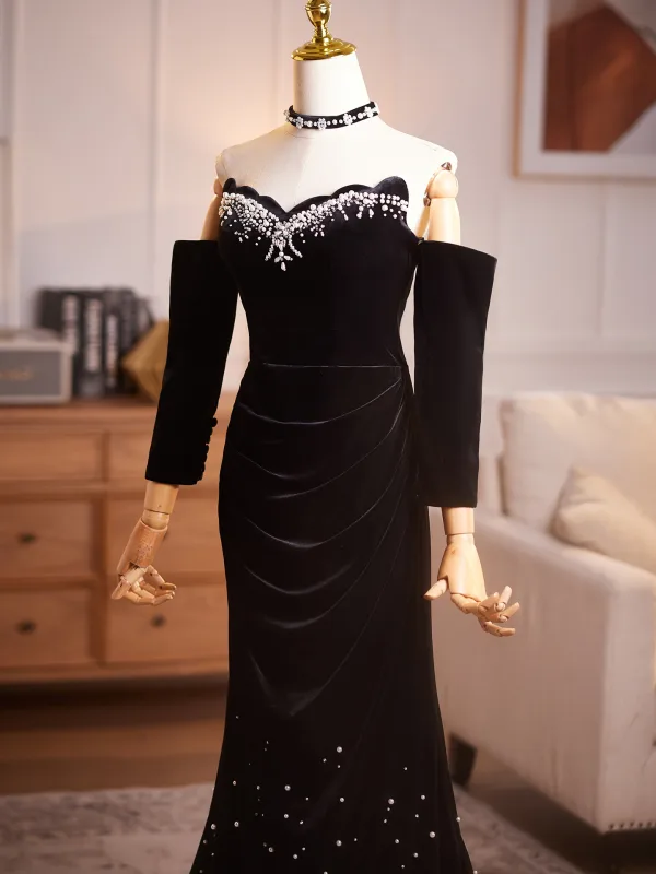 Elegant Black Sequins Pearl Velvet Evening Dresses 2026 Trumpet / Mermaid Off-The-Shoulder 1/2 Sleeves Backless Sweep Train Evening Party Formal Dresses
