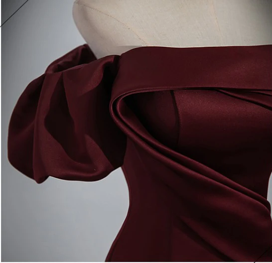 Sexy Burgundy Satin Evening Dresses 2023 Trumpet / Mermaid Off-The-Shoulder Short Sleeve Backless Floor-Length / Long Evening Party Formal Dresses