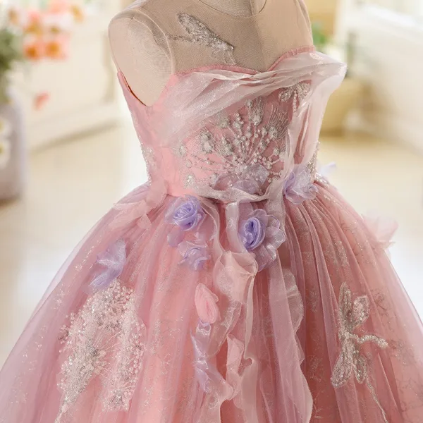 Chic / Beautiful Blushing Pink Appliques Lace Flower Birthday Flower Girl Dresses 2025 Ball Gown Scoop Neck Sleeveless Backless Floor-Length / Long