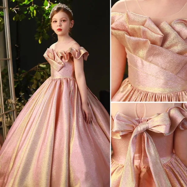 Elegant Candy Pink Sequins Flower Girl Dresses Prom 2022 Ball Gown Scoop Neck Short Sleeve Bow Floor-Length / Long Flower Girl Dresses