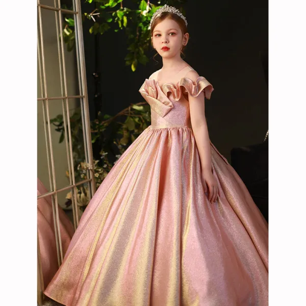 Elegant Candy Pink Sequins Flower Girl Dresses Prom 2022 Ball Gown Scoop Neck Short Sleeve Bow Floor-Length / Long Flower Girl Dresses