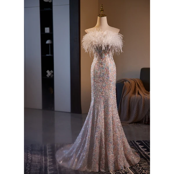 Luxury / Gorgeous Champagne Beading Sequins Feather Prom Dresses 2024 Trumpet / Mermaid Strapless Sleeveless Backless Sweep Train Evening Party Formal Dresses
