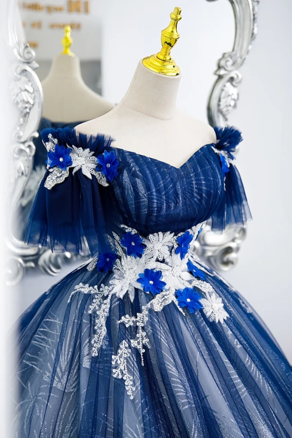 Elegant Royal Blue Beading Appliques Sequins Prom Dresses 2022 Ball Gown Off-The-Shoulder Short Sleeve Backless Floor-Length / Long Prom Formal Dresses