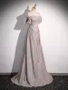 Modest / Simple Grey Sequins Ruffle Evening Dresses 2024 A-Line / Princess Off-The-Shoulder Short Sleeve Sweep Train Backless Evening Party Formal Dresses