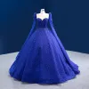 High-end Vintage / Retro Royal Blue Handmade  Beading Sequins Prom Dresses 2022 Ball Gown Scoop Neck Long Sleeve Court Train Prom Formal Dresses