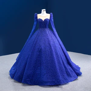 Gama Alta Vintage Azul Real Hecho A Mano Rebordear Lentejuelas Vestidos De Gala 2022 Ball Gown Scoop Escote Manga Larga Colas De La Corte Gala Vestidos Formales