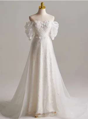 Élégant Blanche Appliques Robe De Mariée 2025 Princesse De L Épaule Manches Courtes Dos Nu Train De Balayage Tulle