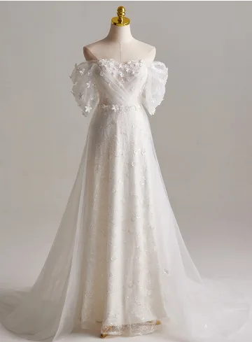 Elegant White Appliques Wedding Dresses 2025 A Line Princess Off The Shoulder Short Sleeve Backless Sweep Train Tulle