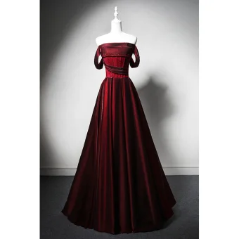 Élégant Bordeaux Perlage Robe De Bal 2024 Princesse Bustier Sans Manches Dos Nu Longue Satin Promo Robe De Ceremonie