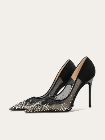 Charmant Noire Transparentes Faux Diamant Promo Escarpins 2025 Cuir 10 Cm Talons Aiguilles À Bout Pointu Escarpins Talons Hauts