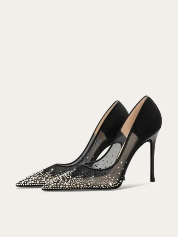 Charmig Svarta Genomskinliga Rhinestone Bal Pumps 2025 Läder 10 Cm Stilettklackar Spetsiga Pumps Högklackade