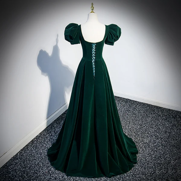 Élégant Vert Foncé Robe De Bal 2023 Princesse Encolure Carrée Gonflée Manches Courtes Dos Nu Train De Balayage Promo Robe De Ceremonie