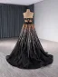Luxus / Herrlich Schwarz Handgefertigt Perlenstickerei Pailletten Ballkleider 2024 A Linie Bandeau Ärmellos Rückenfreies Sweep / Pinsel Zug Ball Festliche Kleider