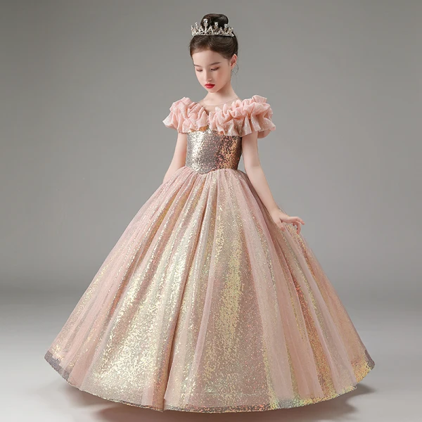 Sparkly Blushing Pink Glitter Sequins Birthday Flower Girl Dresses 2023 A-Line / Princess Ruffle Scoop Neck Short Sleeve Floor-Length / Long Flower Girl Dresses