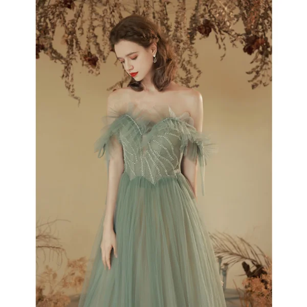Charmant Vert Cendré Plissée Robe De Bal 2023 Princesse De l'épaule Manches Courtes Longue Promo Robe De Ceremonie
