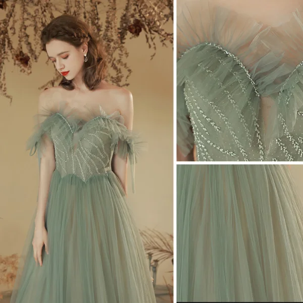 Charmant Vert Cendré Plissée Robe De Bal 2023 Princesse De l'épaule Manches Courtes Longue Promo Robe De Ceremonie