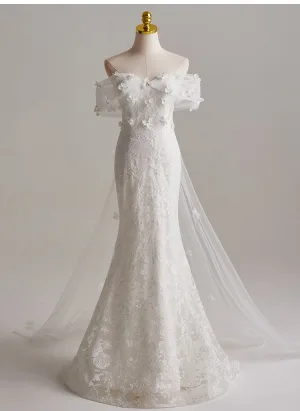 Charming White Lace Flower Appliques Wedding Dresses 2025 Ball Gown Off The Shoulder Short Sleeve Backless Sweep Train
