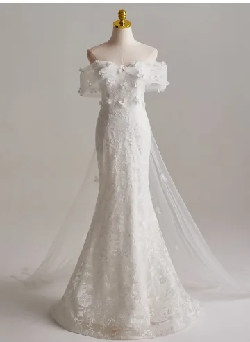 Charmant Weiß Spitze Blumen Applikationen Brautkleider Hochzeitskleider 2025 Ballkleid Off Shoulder Kurze Ärmel Rückenfreies Sweep Pinsel Zug