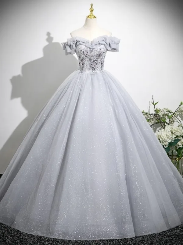Schöne Silber Grau Applikationen Perlenstickerei Pailletten Ballkleider 2025 Ballkleid Off Shoulder Kurze Ärmel Rückenfreies Lange Festliche Kleider