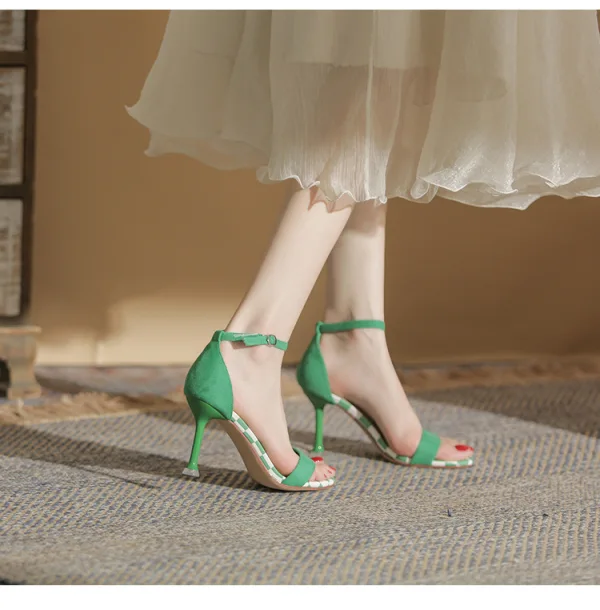 Mode Noire Vêtement de rue Cuir Sandales Femme 2022 Bride Cheville 8 cm Talons Aiguilles Peep Toes / Bout Ouvert Sandales Talons Hauts