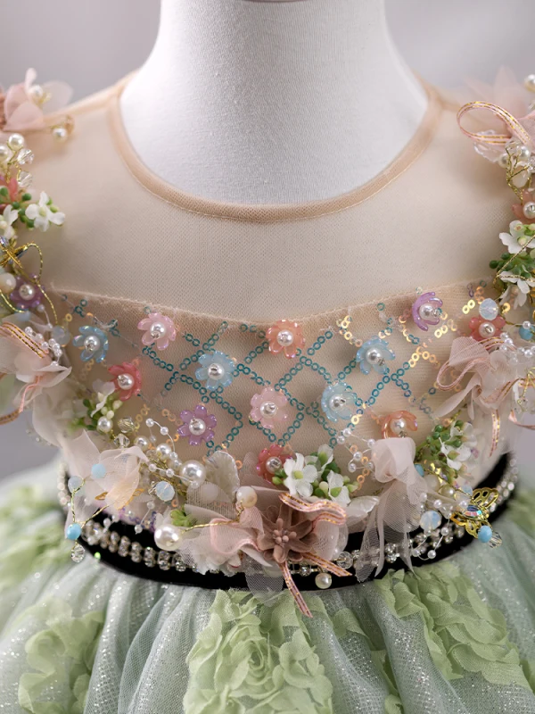 Chic / Beautiful Sage Green Pearl Flower Rhinestone Appliques Short Birthday Flower Girl Dresses 2023 Ball Gown Scoop Neck Puffy Short Sleeve Sash Bow