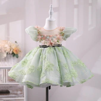 Chic Belle Vert Cendré Perle Fleur Faux Diamant Appliques Courte Anniversaire Robe Ceremonie Fille 2023 Robe Boule Encolure Dégagée Gonflée Manches Courtes Ceinture Noeud