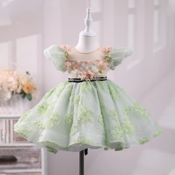 Chic Belle Vert Cendré Perle Fleur Faux Diamant Appliques Courte Anniversaire Robe Ceremonie Fille 2023 Robe Boule Encolure Dégagée Gonflée Manches Courtes Ceinture Noeud