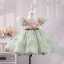 Chic / Beautiful Sage Green Pearl Flower Rhinestone Appliques Short Birthday Flower Girl Dresses 2023 Ball Gown Scoop Neck Puffy Short Sleeve Sash Bow