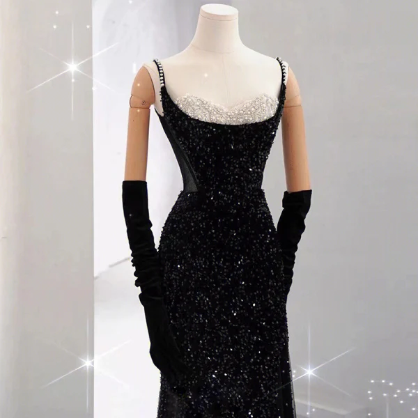Sexy Black Beading Pearl Sequins Evening Dresses 2023 Trumpet / Mermaid Spaghetti Straps Sleeveless Backless Floor-Length / Long Evening Party Formal Dresses