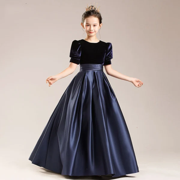 Vintage / Retro Satin Black Birthday Prom Flower Girl Dresses 2022 A-Line / Princess Scoop Neck Short Sleeve Floor-Length / Long Flower Girl Dresses