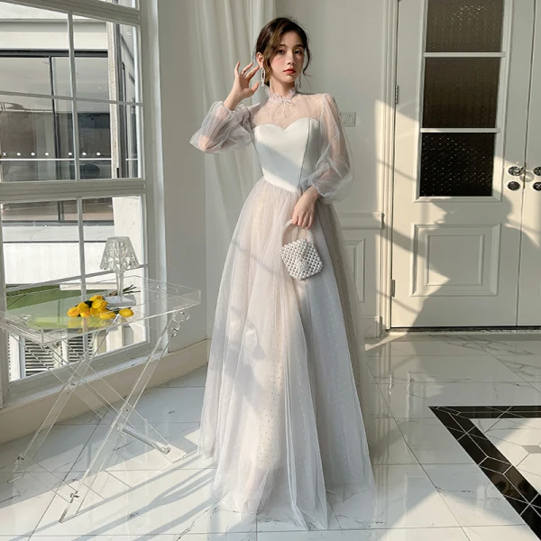 Modest / Simple Grey Spotted Bridesmaid Dresses 2022 A-Line / Princess Puffy Short Sleeve Backless Floor-Length / Long Bridesmaid Formal Dresses Bridesmaid Dresses