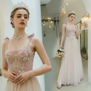 Charming Blushing Pink Evening Dresses 2022 A Line Princess Spaghetti Straps Sleeveless Backless Beading Rhinestone Lace Flower Floor Length Long Evening Party Formal Dresses