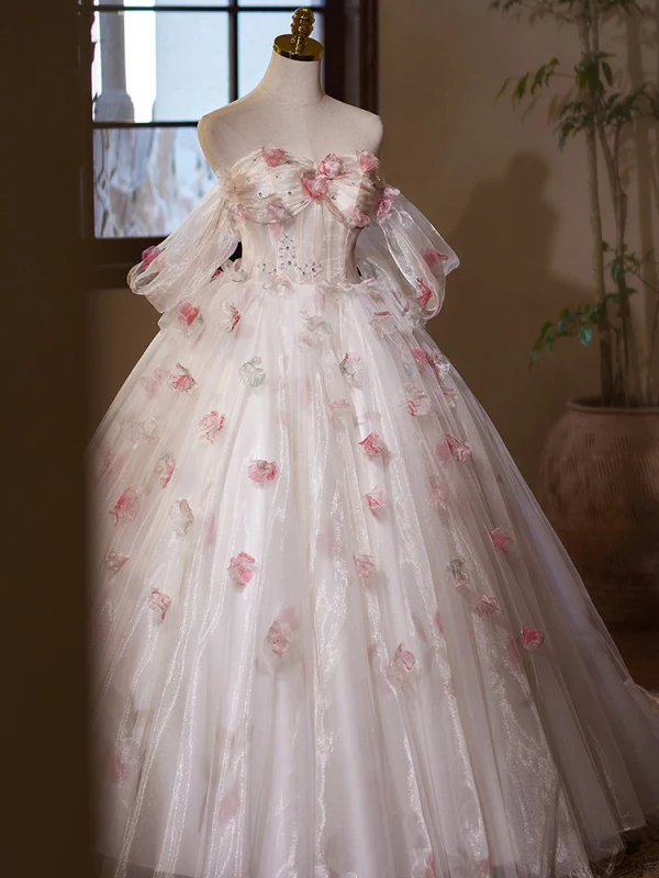 Flower Fairy White Beading Appliques Rhinestone Light Wedding Dresses Prom Dresses 2024 Ball Gown Off-The-Shoulder Short Sleeve Backless Floor-Length / Long Wedding