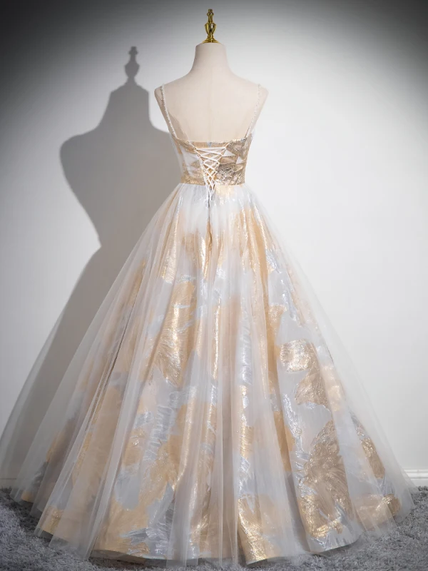 Fashion Gold Glitter Prom Dresses 2024 A-Line / Princess Spaghetti Straps Sleeveless Backless Floor-Length / Long Prom Formal Dresses