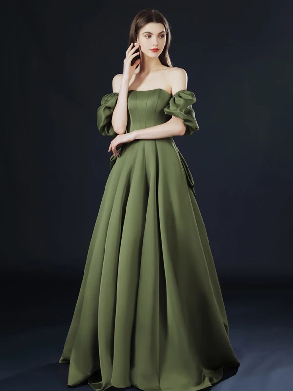 Vintage / Retro Olive Green Prom Dresses 2021 A-Line / Princess Square Neckline Crossed Straps Solid Color Satin Short Sleeve Formal Dresses Sweep Train