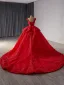Vintage / Retro High-end Red Lace Flower Appliques Prom Dresses 2024 Ball Gown V-Neck Sleeveless Backless Court Train Prom Formal Dresses