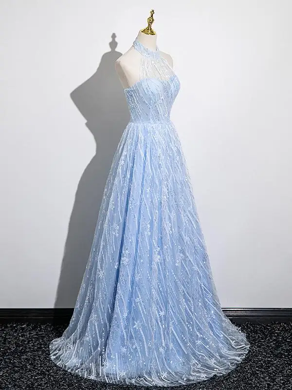 Bling Bling Himmelblau Perlenstickerei Pailletten Ballkleider 2025 A Linie Neckholder Ärmellos Rückenfreies Lange Ball Festliche Kleider