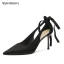 Fashion Black Evening Party Womens Sandals 2023 Leather Ankle Strap Bow 8 cm Stiletto Heels Pointed Toe High Heels