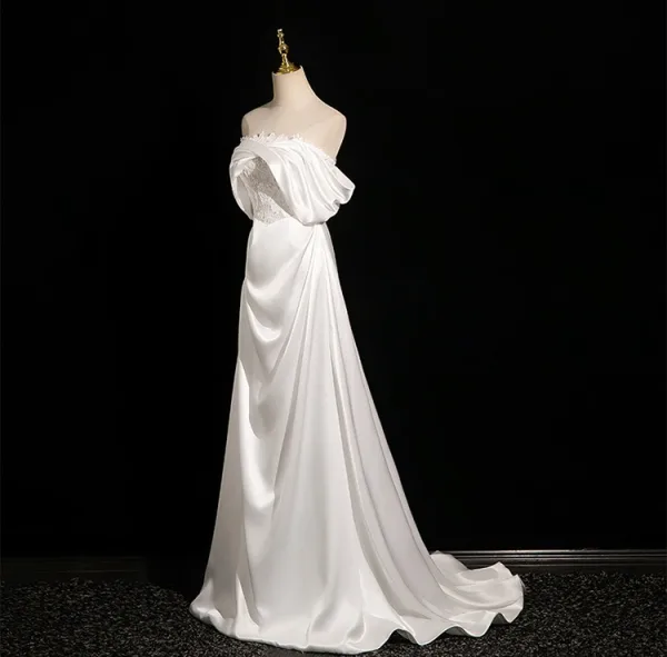 Élégant Ivoire En Dentelle Fleur Satin Robe De Mariée 2025 Princesse De l'épaule Manches Courtes Dos Nu Train De Balayage Mariage